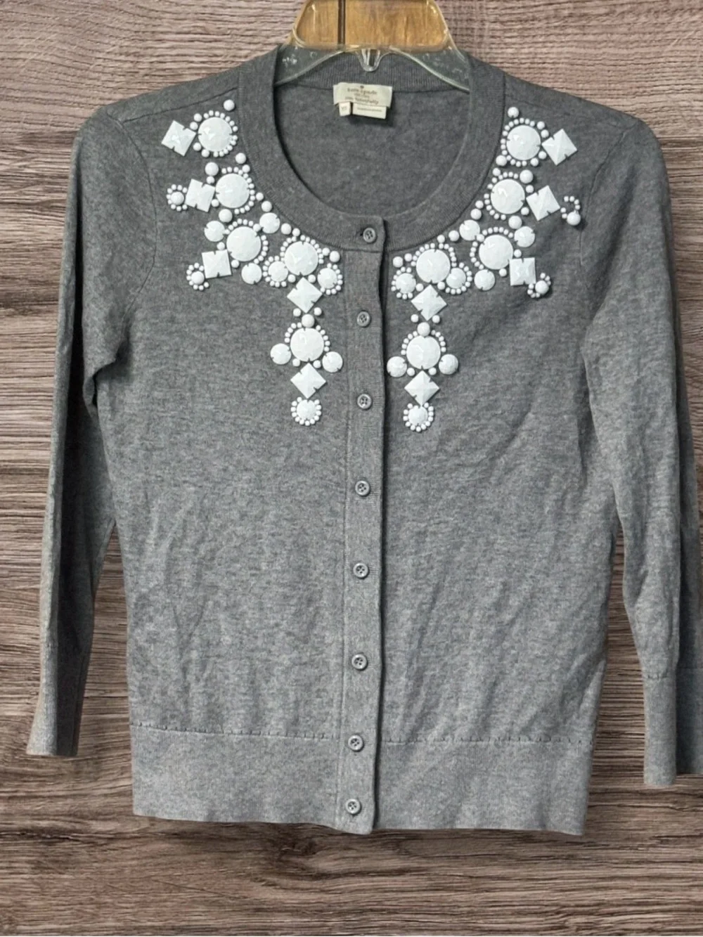 Kate Spade Cardigan Sweater Cotton Silk Cashmere Beaded Jewel Gray Size XS